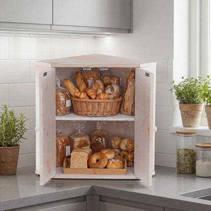 Corner Bread Box for Kitchen Counter Bamboo Double Layer Breadbox Organizer-White