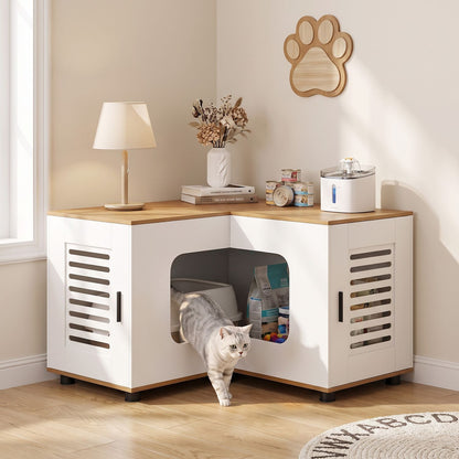Corner Cat Litter Box Enclosure Hidden Litter Box Furniture with Dual Rooms-White