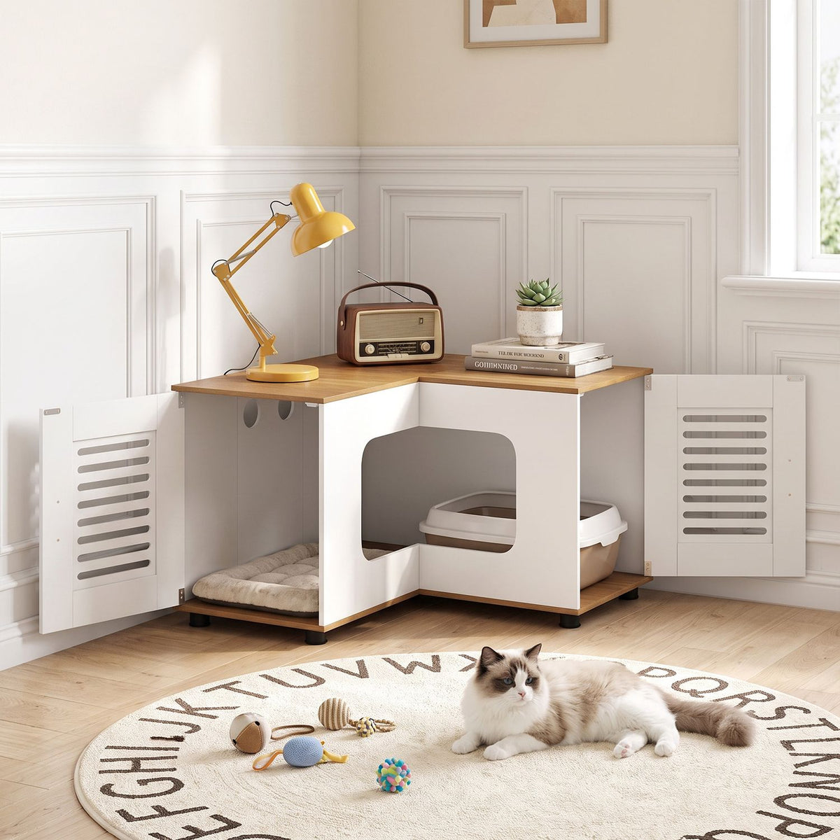Corner Cat Litter Box Enclosure Hidden Litter Box Furniture with Dual Rooms-White