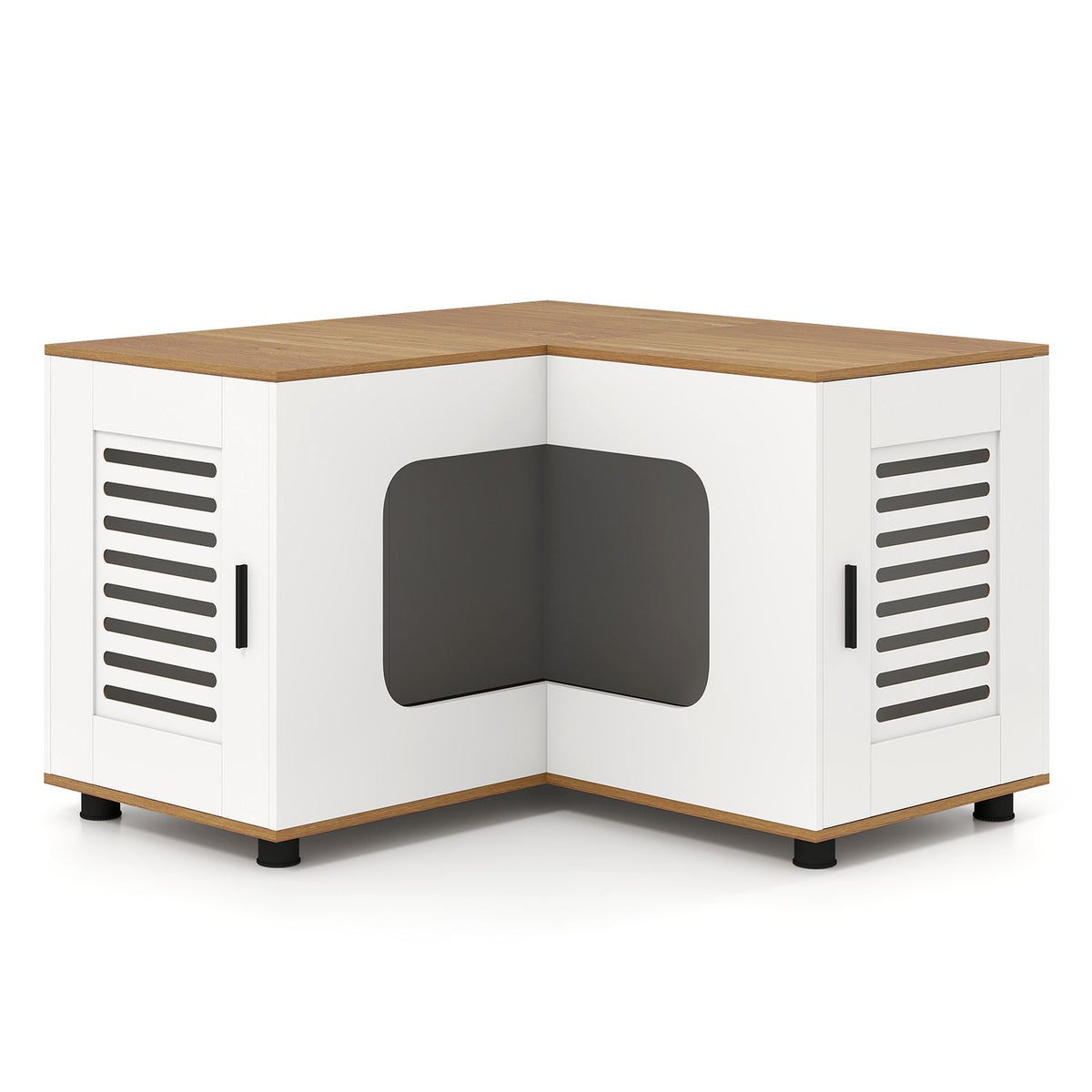 Corner Cat Litter Box Enclosure Hidden Litter Box Furniture with Dual Rooms-White