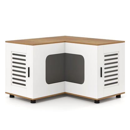 Corner Cat Litter Box Enclosure Hidden Litter Box Furniture with Dual Rooms-White