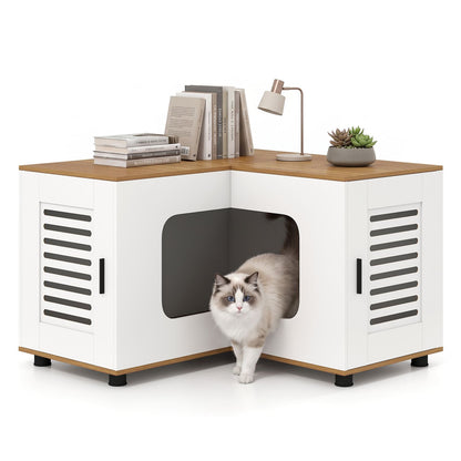 Corner Cat Litter Box Enclosure Hidden Litter Box Furniture with Dual Rooms-White