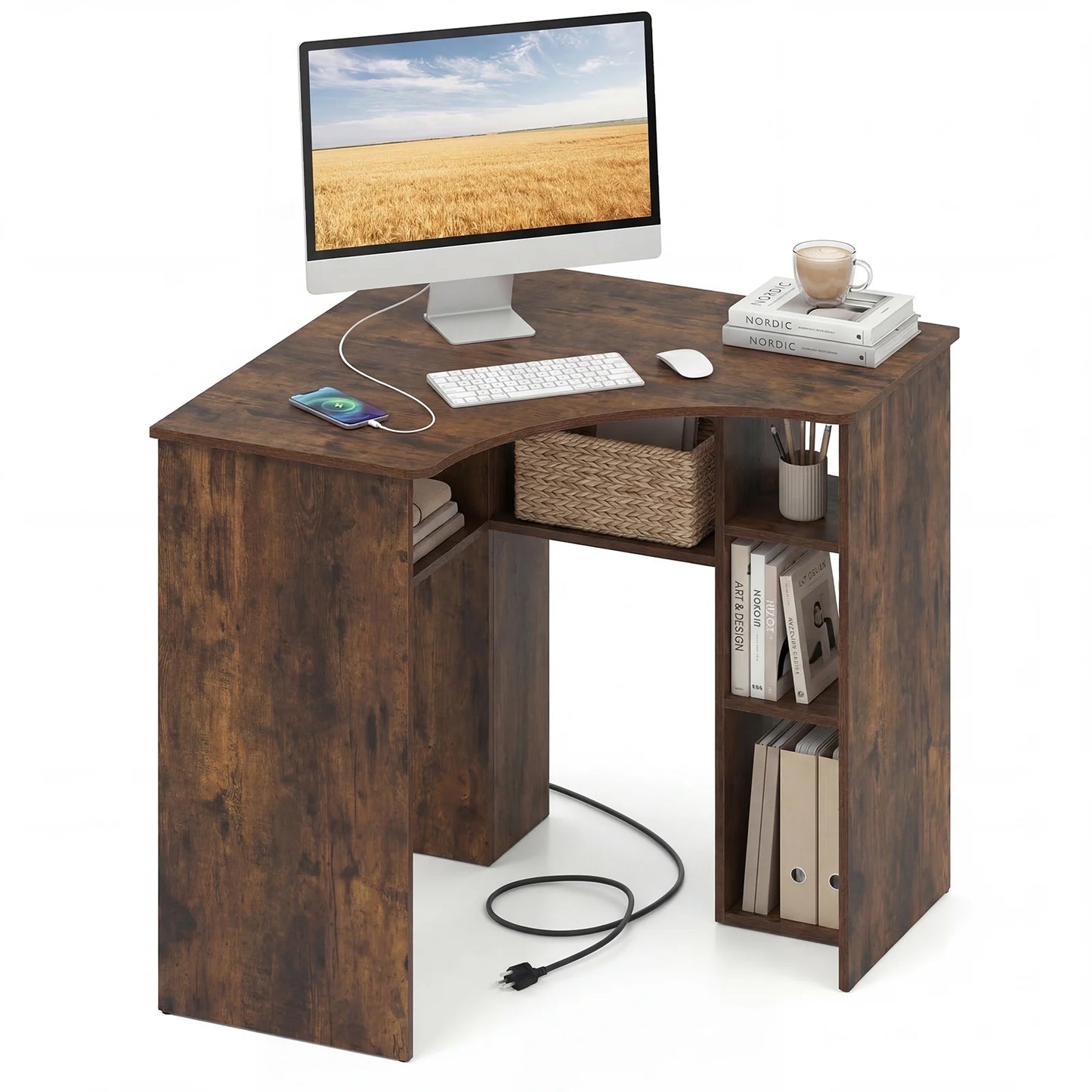 Corner Computer Desk Triangle Home Office Desk with Adjustable Shelf and Arc-Shaped Profile-Rustic Brown