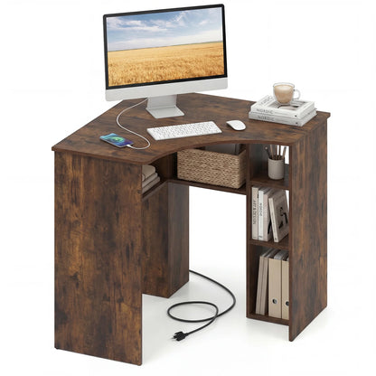 Corner Computer Desk Triangle Home Office Desk with Adjustable Shelf and Arc-Shaped Profile-Rustic Brown