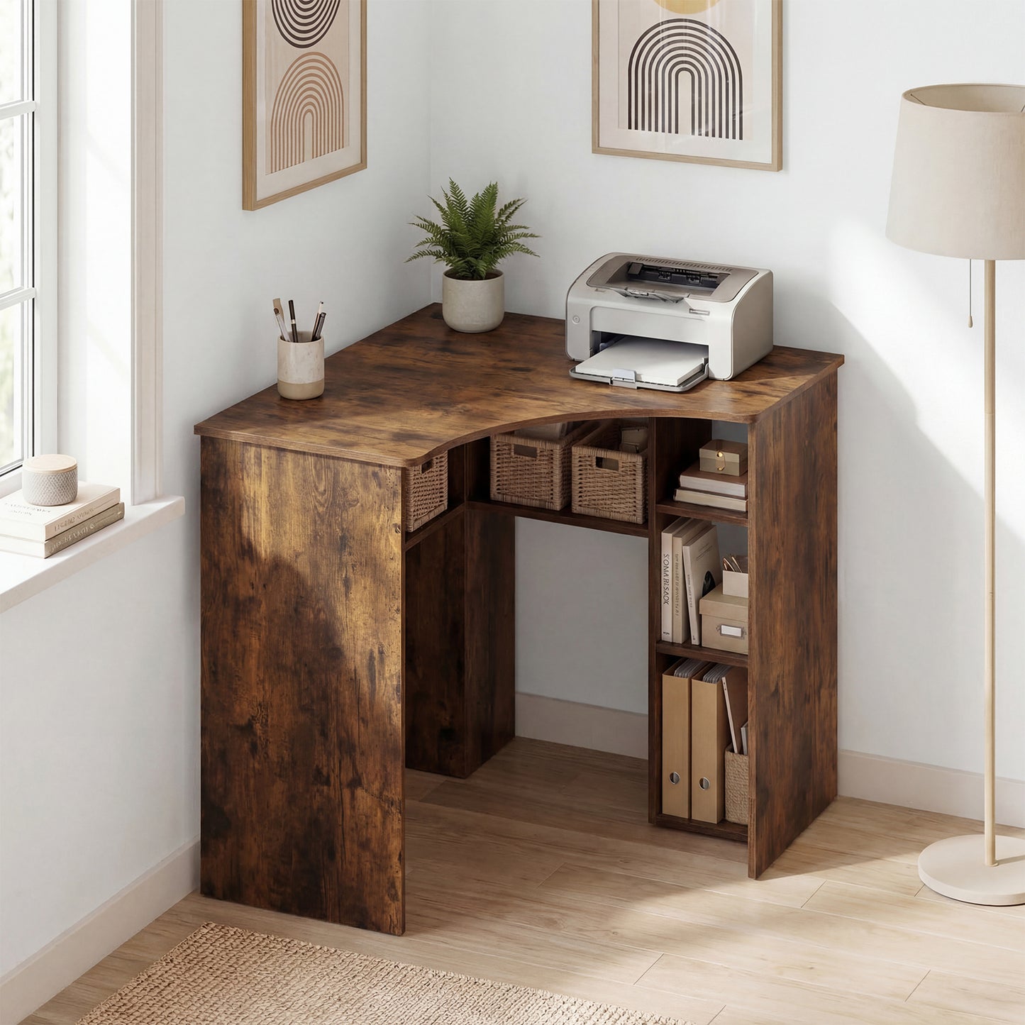 Corner Computer Desk Triangle Home Office Desk with Adjustable Shelf and Arc-Shaped Profile-Rustic Brown