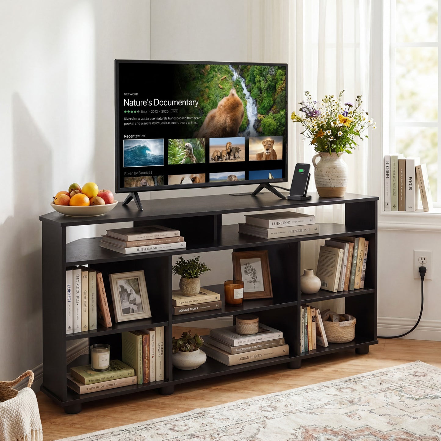 Black corner entertainment center TV stand for up to 55 inch TVs, modern furniture for living room by Wilsons Home Store