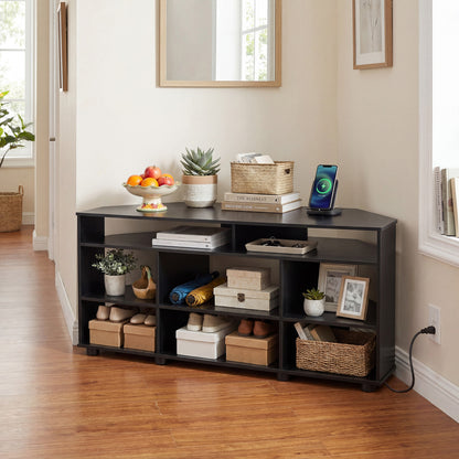 Black corner entertainment center for TVs up to 55 inches, modern TV stand for living room, by Wilsons Home Store.