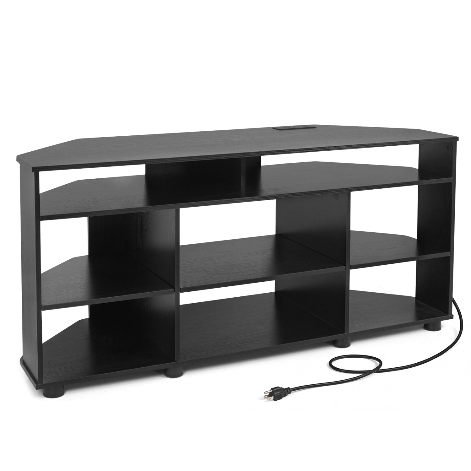 Black corner entertainment center for TVs up to 55 inches, modern TV stand with ample storage from Wilsons Home Store.