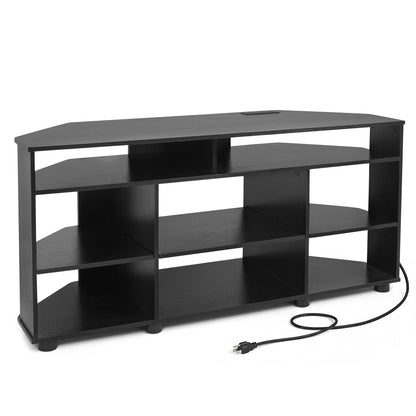Black corner entertainment center for TVs up to 55 inches, modern TV stand with ample storage from Wilsons Home Store.