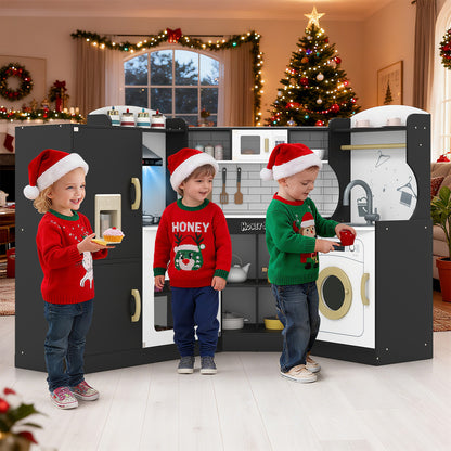 Corner Kids Play Kitchen with Washing Machine and Ice Maker Gift for Boys Girls-Black