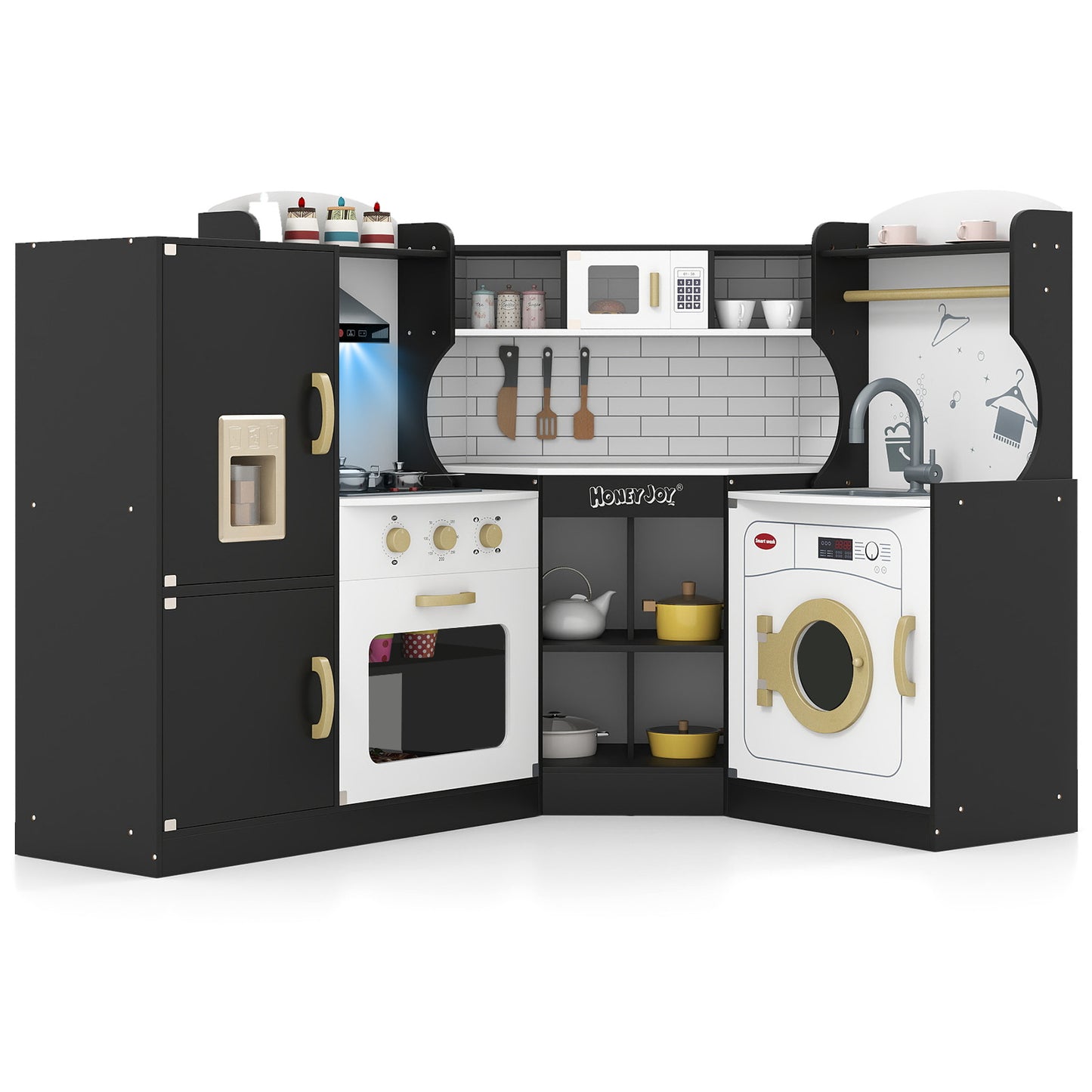 Corner Kids Play Kitchen with Washing Machine and Ice Maker Gift for Boys Girls-Black