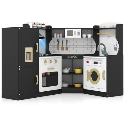 Corner Kids Play Kitchen with Washing Machine and Ice Maker Gift for Boys Girls-Black