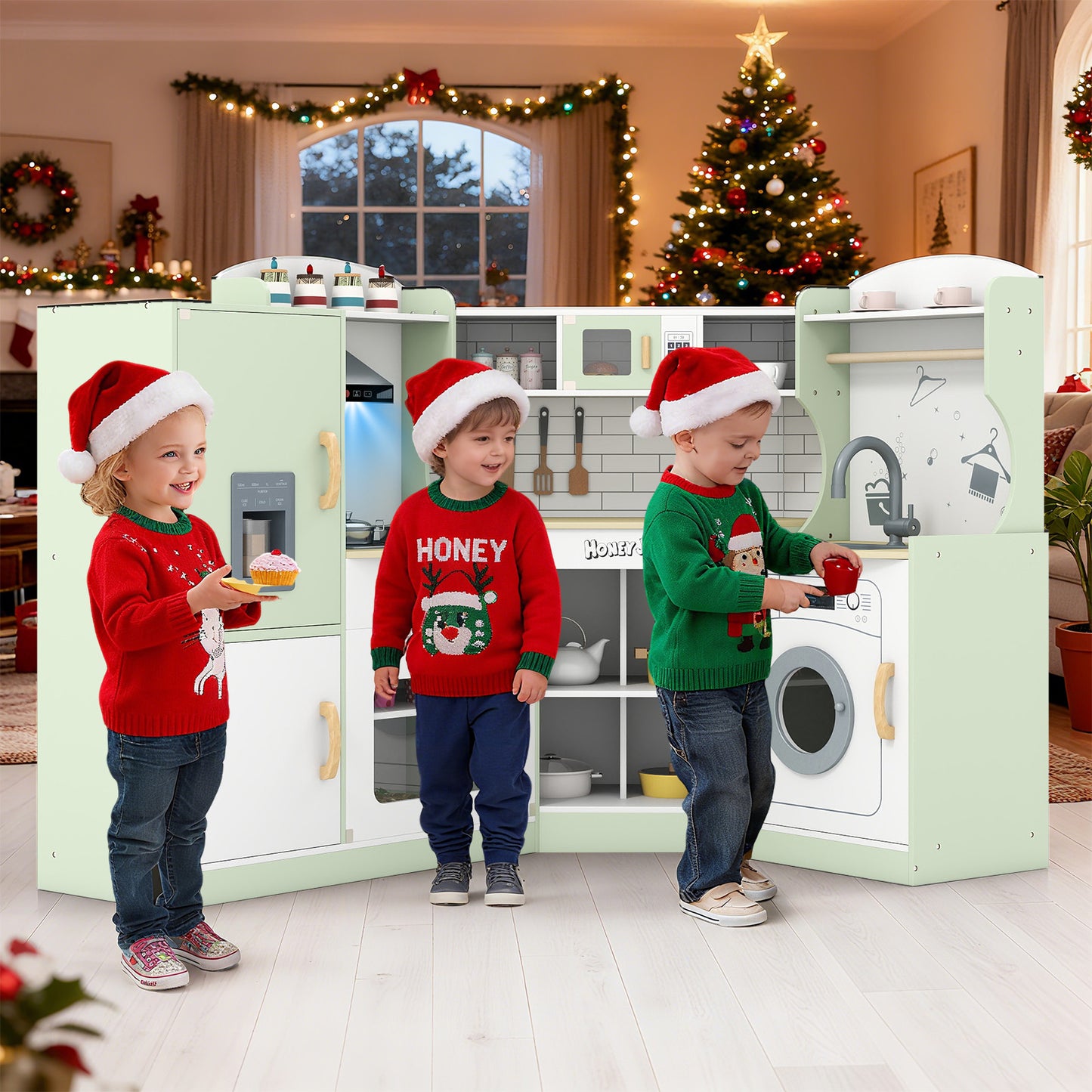 Corner Kids Play Kitchen with Washing Machine and Ice Maker Gift for Boys Girls-Black