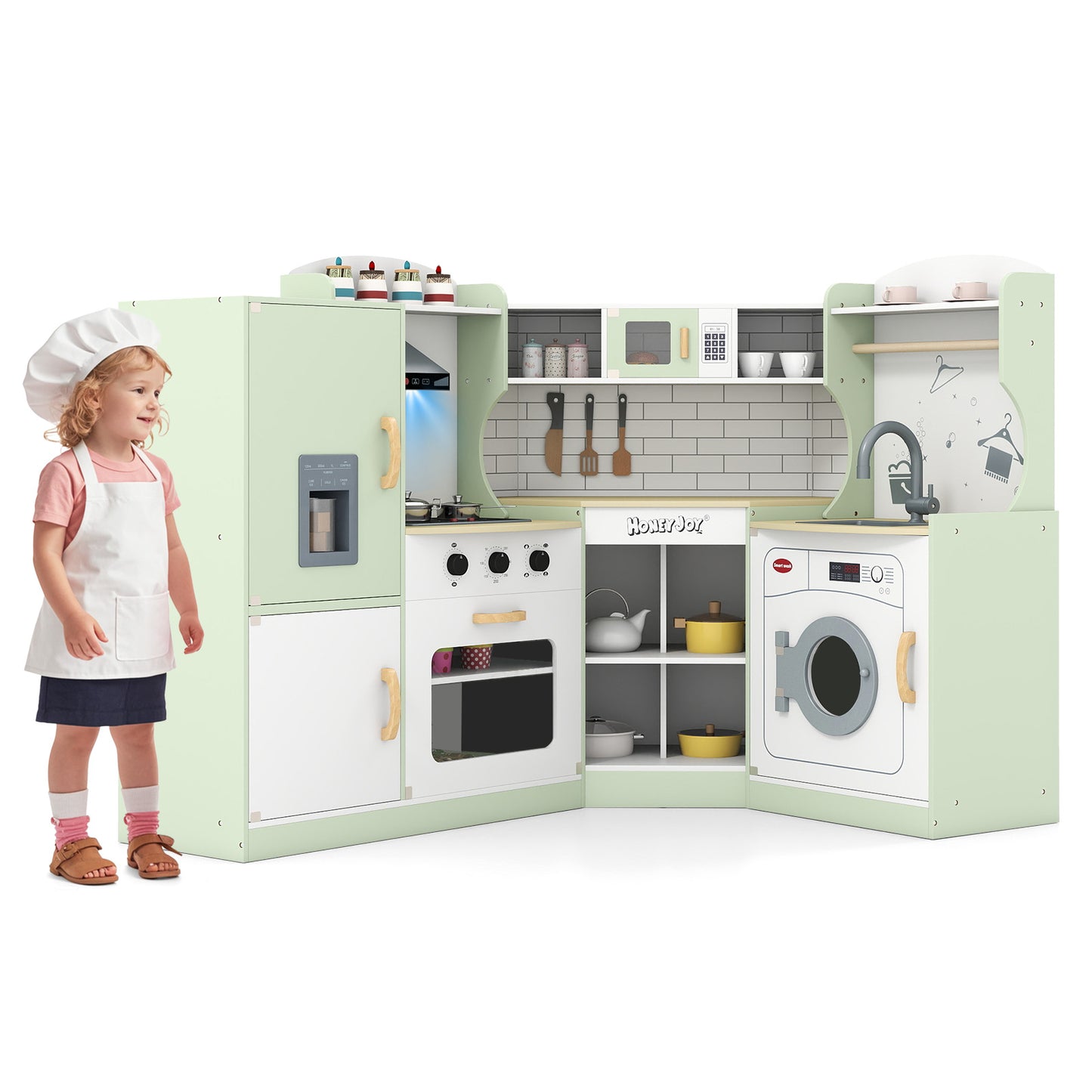 Corner Kids Play Kitchen with Washing Machine and Ice Maker Gift for Boys Girls-Black