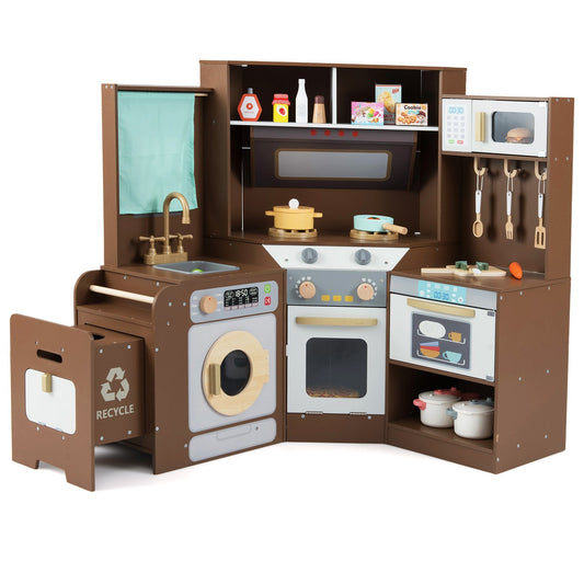 Corner Kitchen Toys with Lights and Sounds with Pull-out Trash Can and Stoves-Coffee