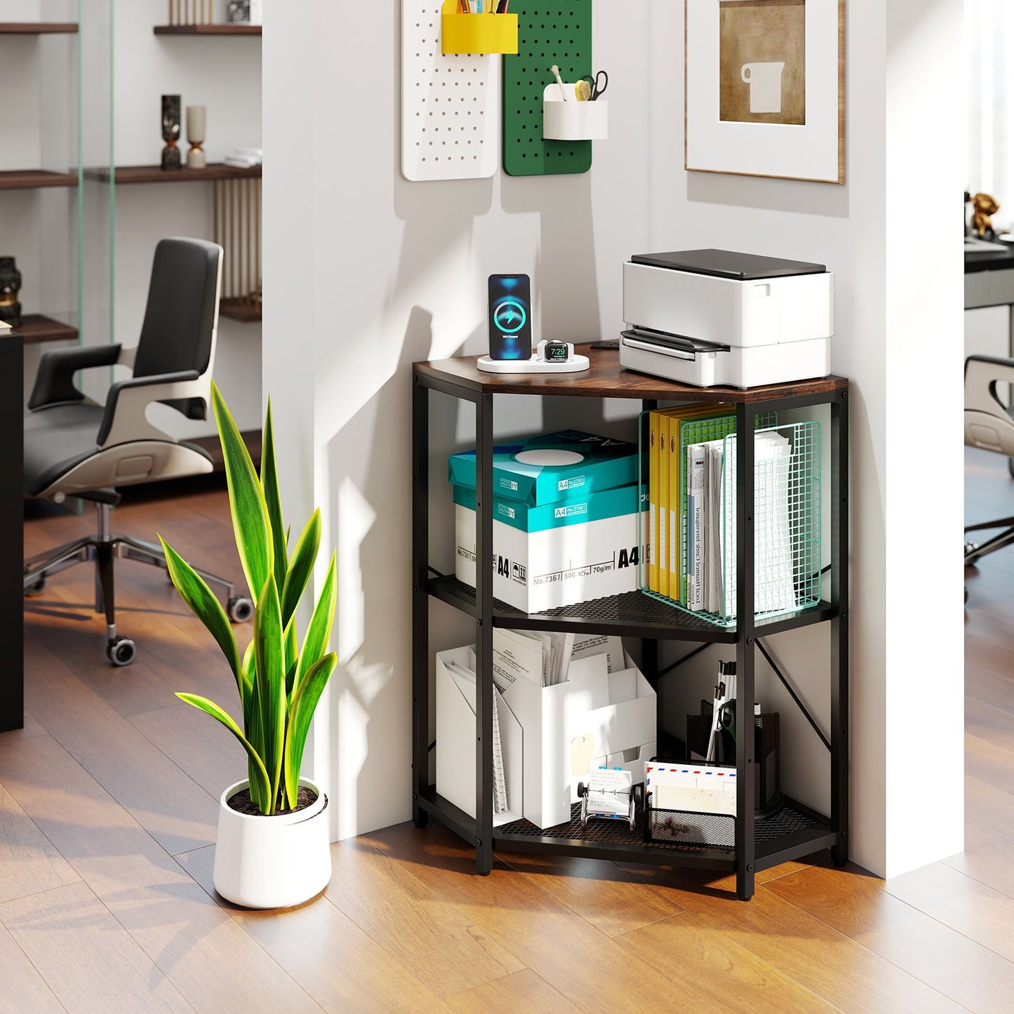 Corner Printer Stand with Power Outlet 3-Tier Storage Rack with Adjustable Shelf-Black