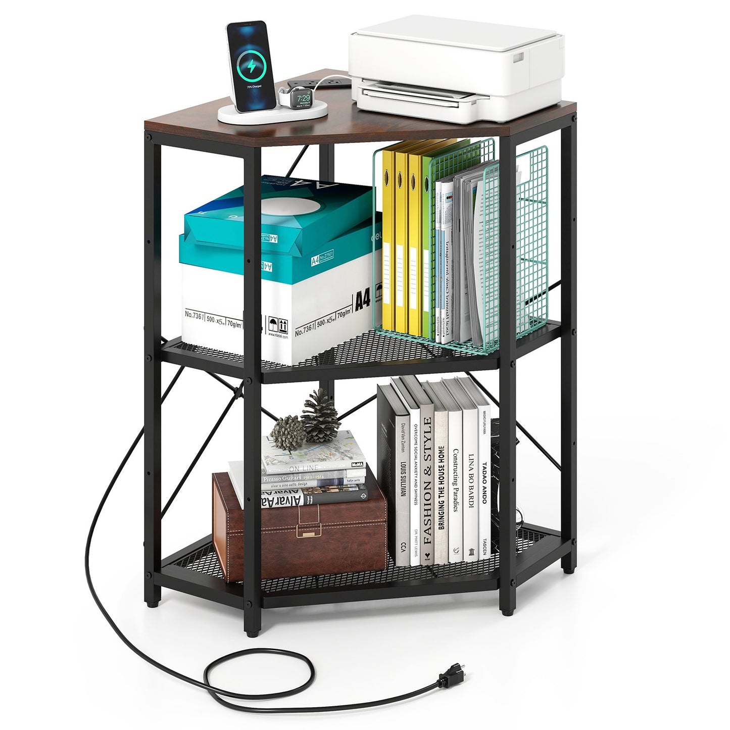 Corner Printer Stand with Power Outlet 3-Tier Storage Rack with Adjustable Shelf-Black