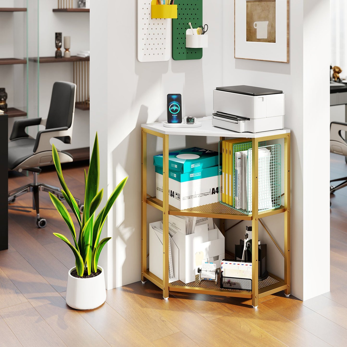 Corner Printer Stand with Power Outlet 3-Tier Storage Rack with Adjustable Shelf-Black