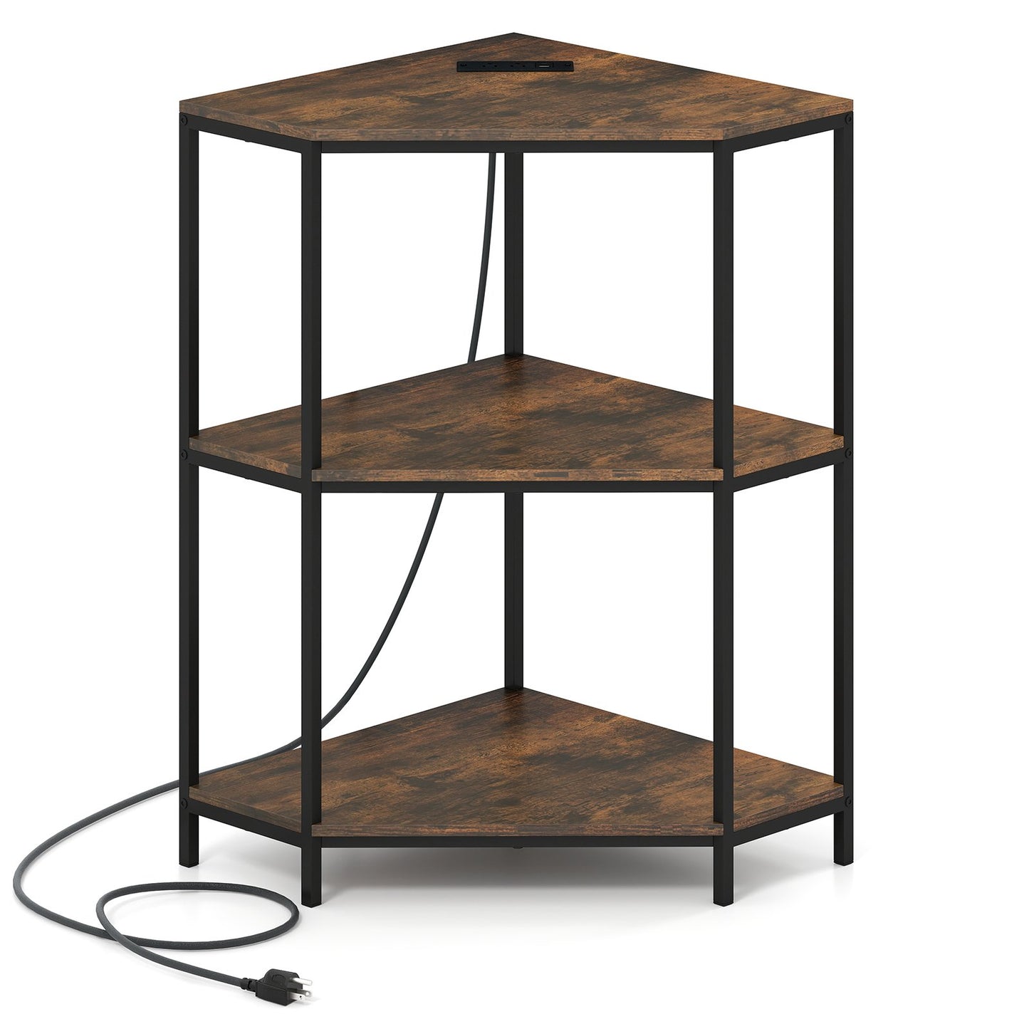 Corner Printer Stand 3-Tier Corner Shelf with Charging Station and Metal Frame-Rustic Brown