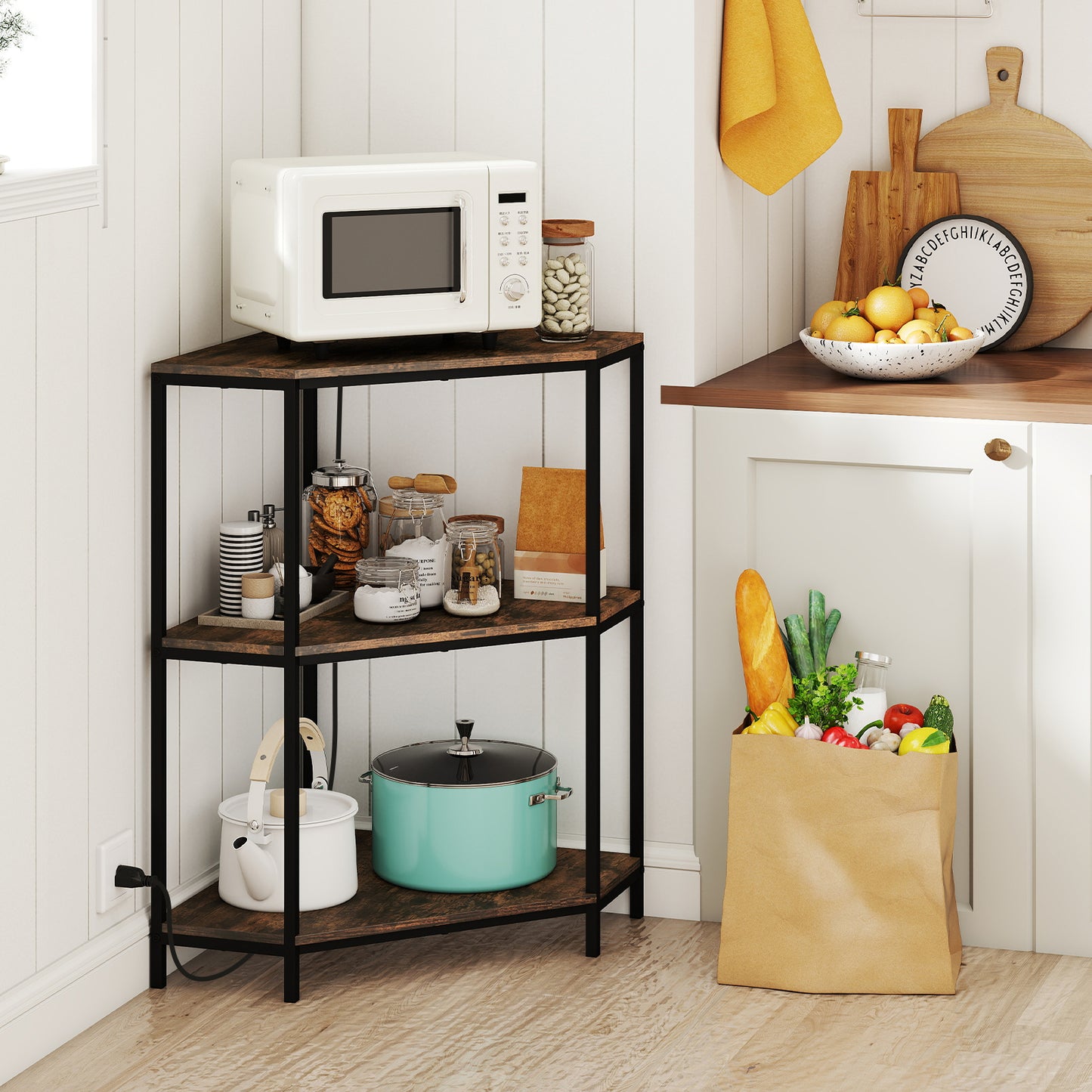Corner Printer Stand 3-Tier Corner Shelf with Charging Station and Metal Frame-Rustic Brown