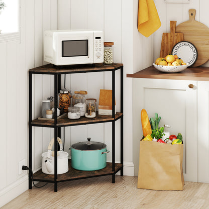 Corner Printer Stand 3-Tier Corner Shelf with Charging Station and Metal Frame-Rustic Brown