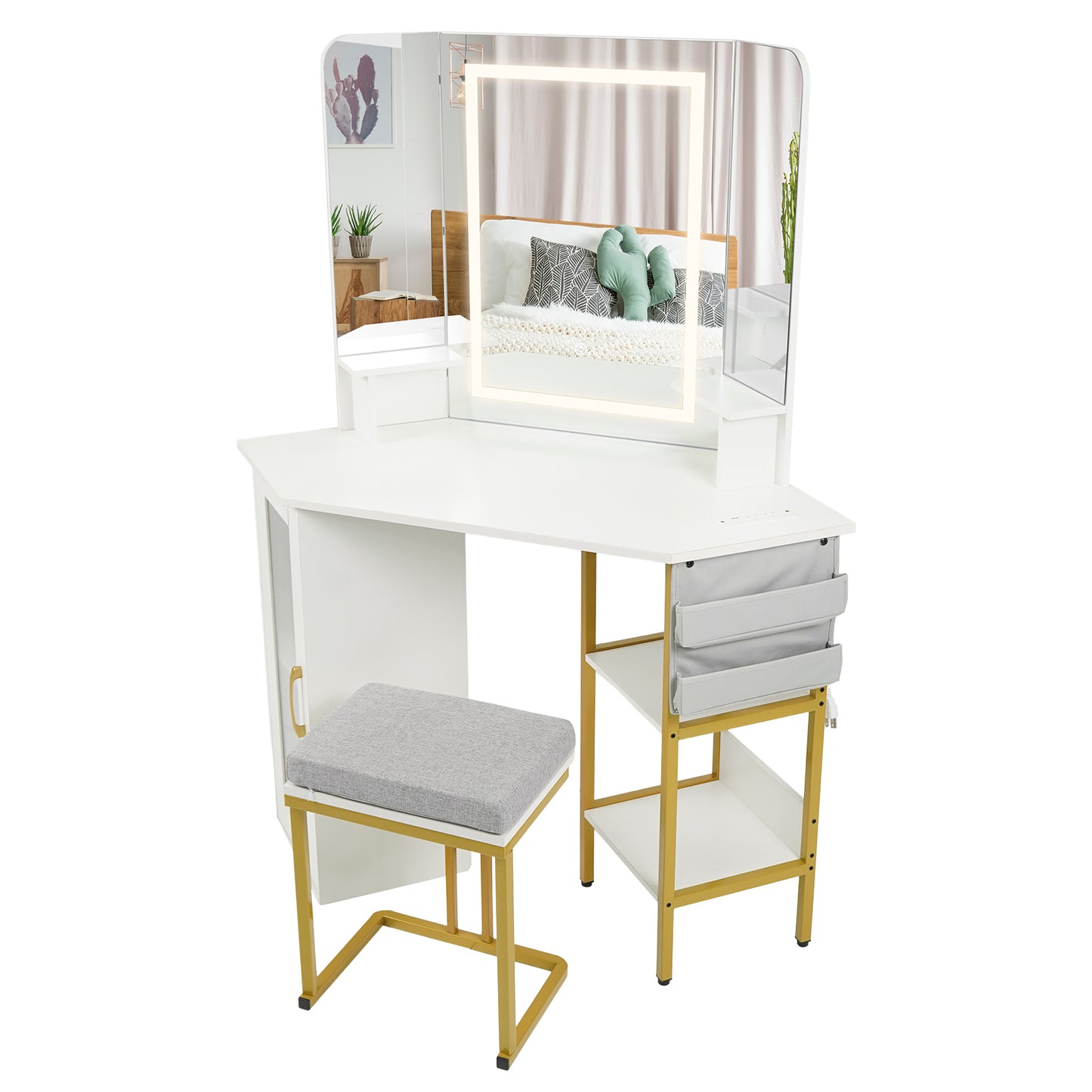 Corner Vanity Desk with Mirror and Lights Makeup Dressing Table with Triple Mirror-White