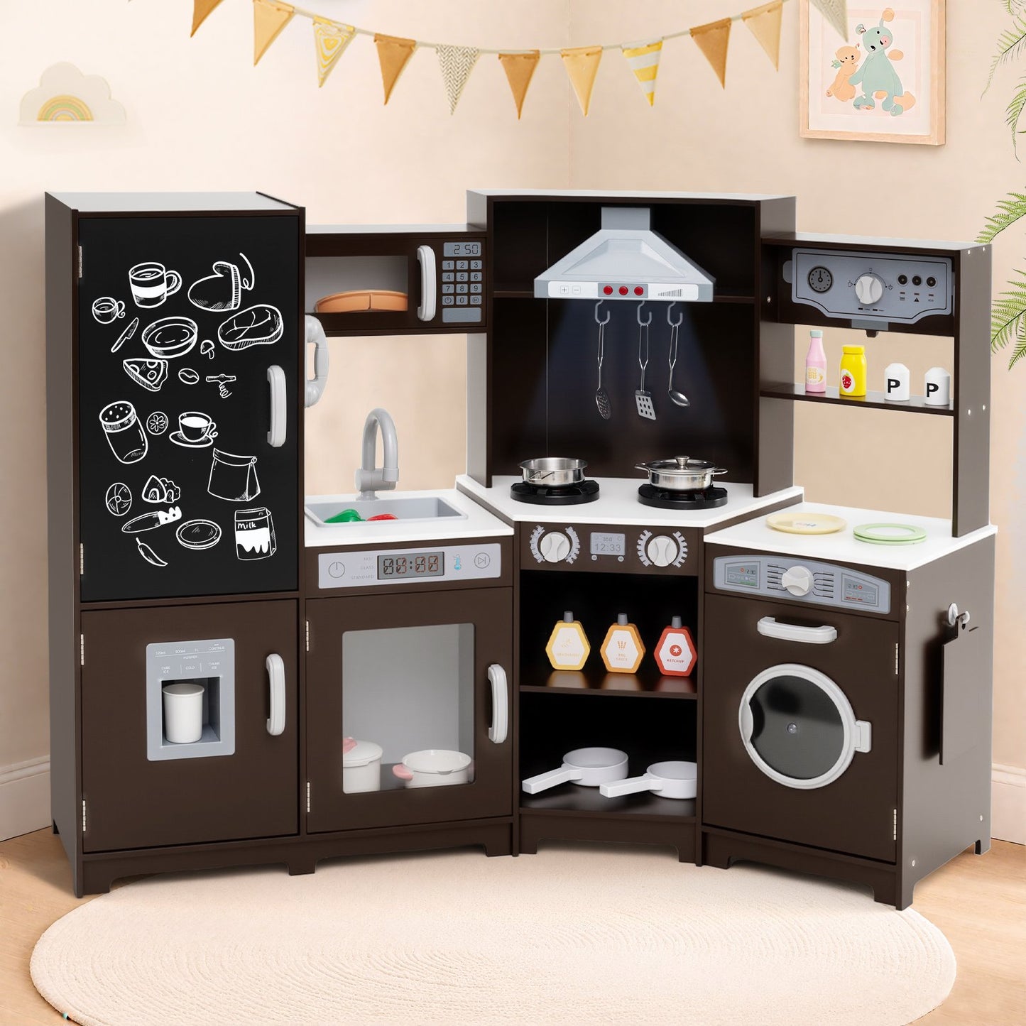 Corner Wooden Play Kitchen with Lights and Sounds Large Pretend Play Kitchen Set-Espresso