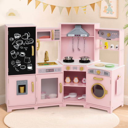 Corner Wooden Play Kitchen with Lights and Sounds Large Pretend Play Kitchen Set-Espresso
