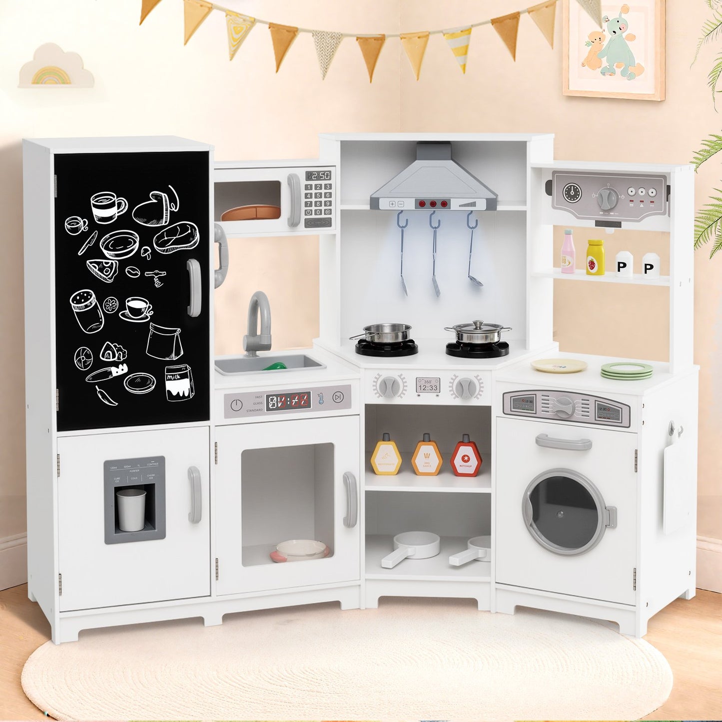 Corner Wooden Play Kitchen with Lights and Sounds Large Pretend Play Kitchen Set-Espresso