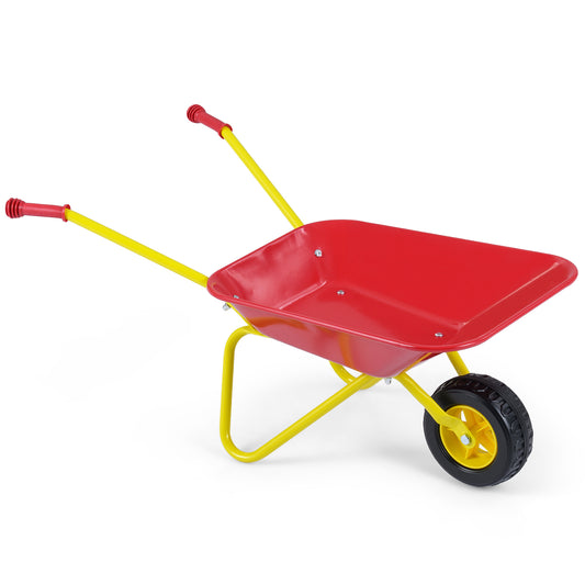 Red Costzon kids wheelbarrow with all-terrain wheels, ideal for outdoor play and sandbox adventures.