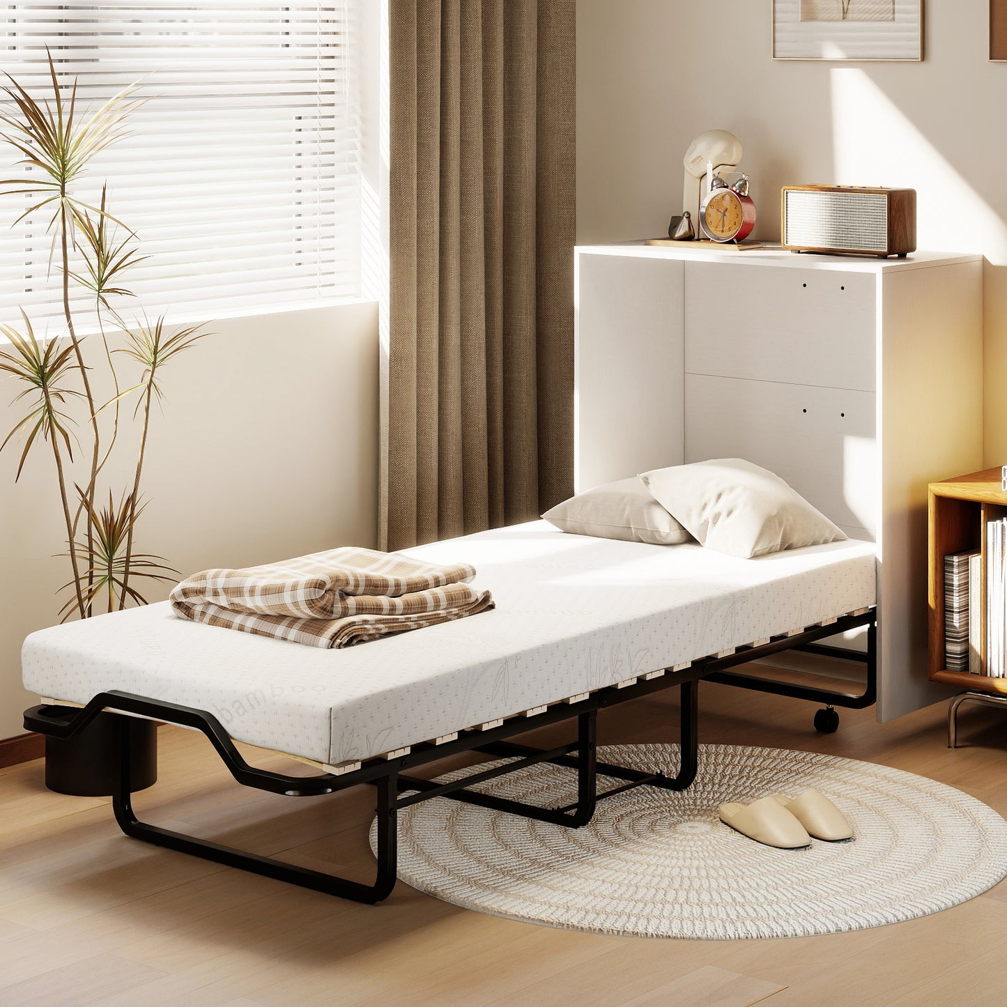 White cot size Murphy bed with foldable design and lockable wheels, ideal for space-saving bedroom furniture.