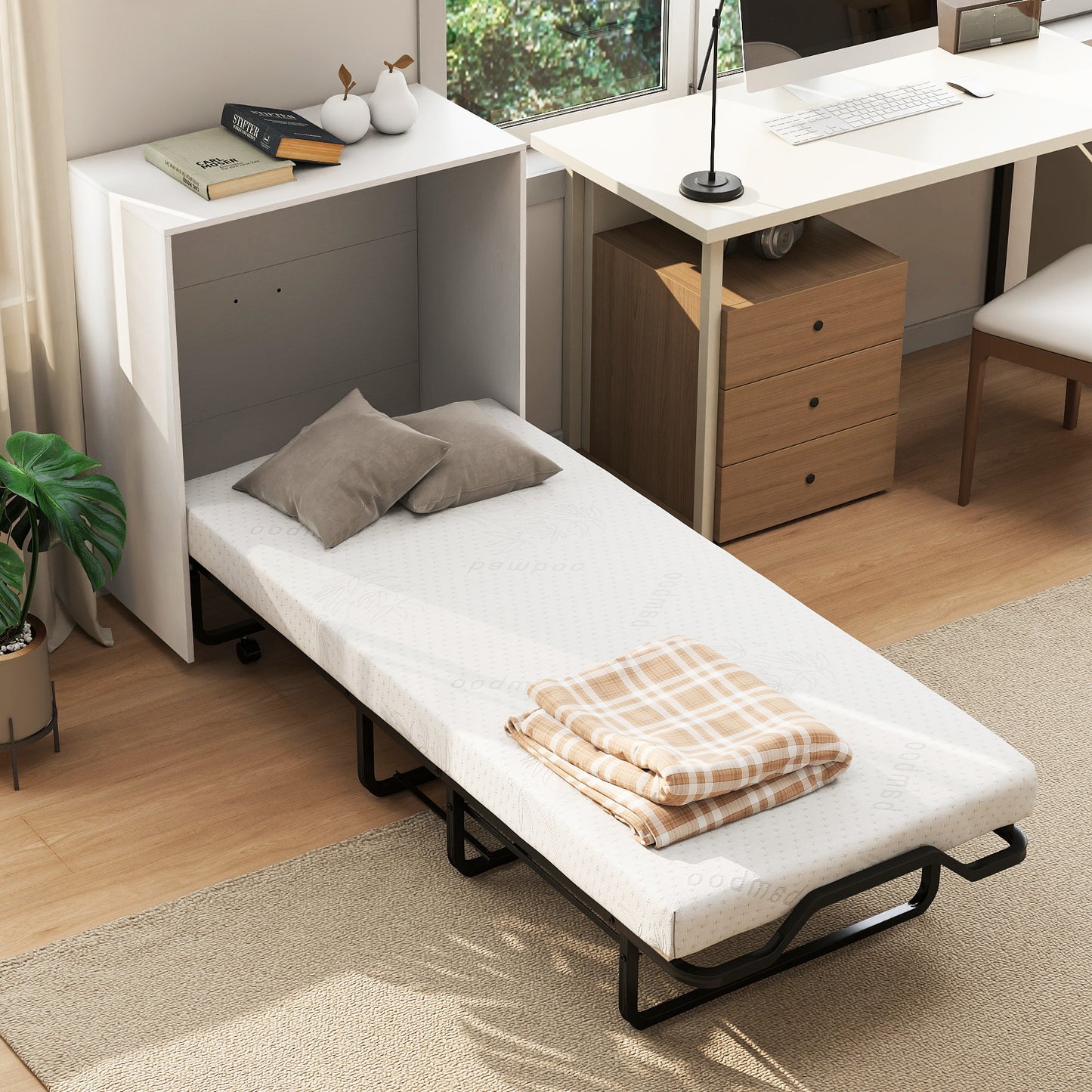 White cot size Murphy bed with foldable mattress and lockable wheels, ideal for space-saving bedroom furniture.