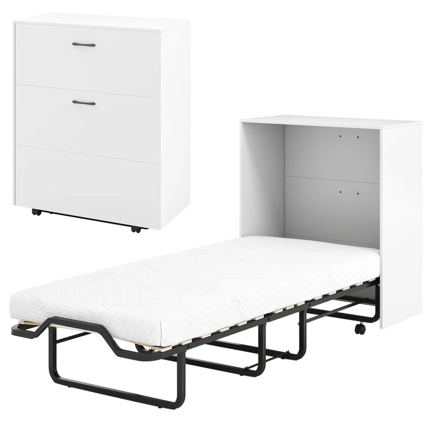 White cot size Murphy bed with foldable design, lockable wheels, ideal for space-saving bedroom furniture by Wilsons Home Store