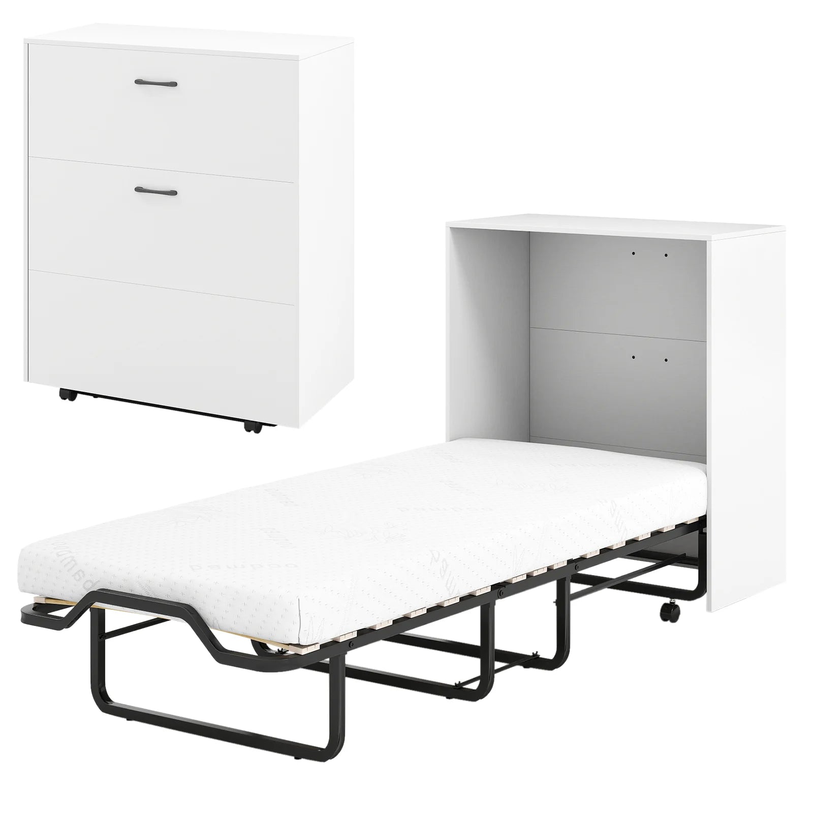 White cot size Murphy bed with foldable design, lockable wheels, ideal for space-saving bedroom furniture by Wilsons Home Store