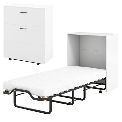 White cot size Murphy bed with foldable design, lockable wheels, ideal for space-saving bedroom furniture by Wilsons Home Store