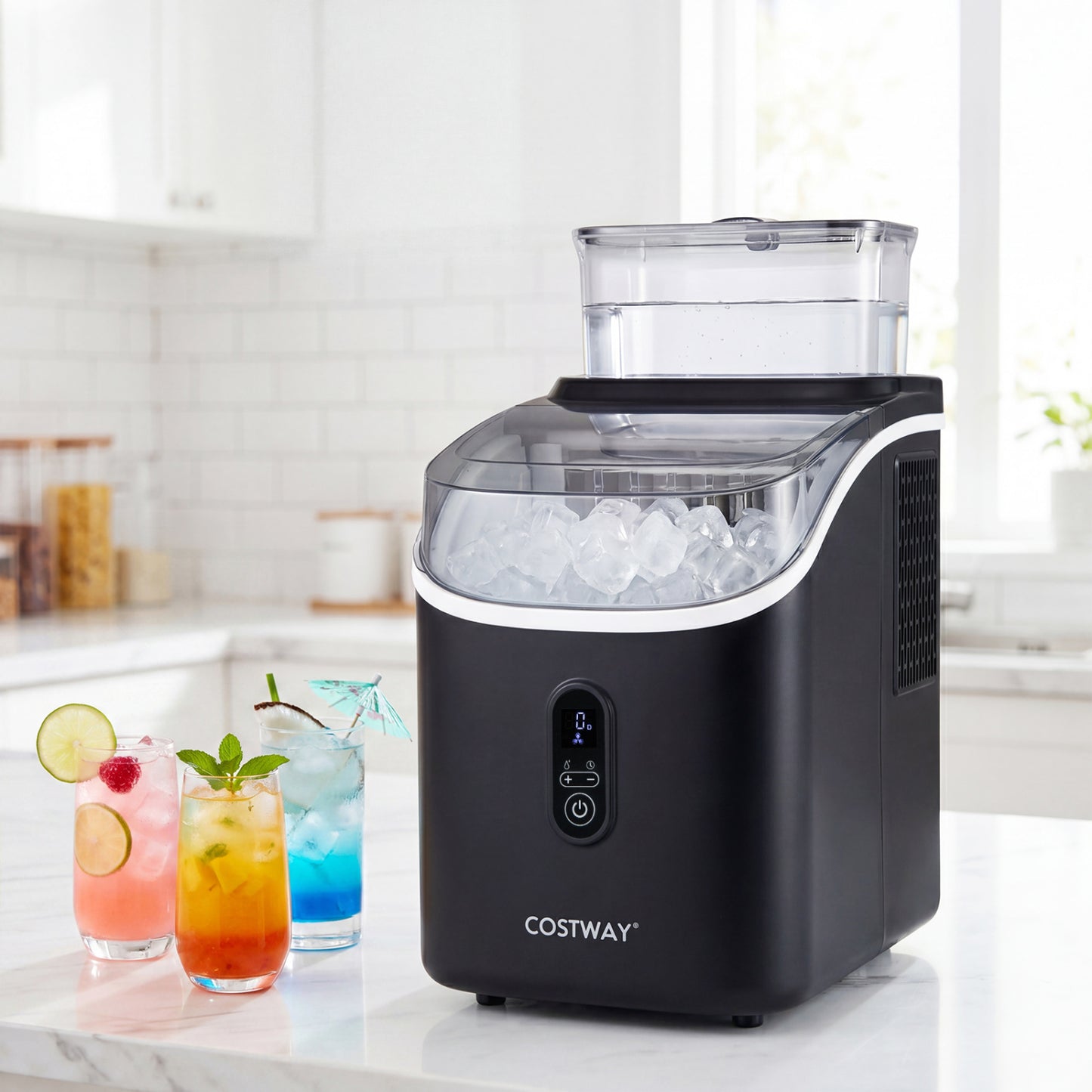 Black countertop ice maker with external tank and self-cleaning function, featuring 13 thickness levels for customizable ice.