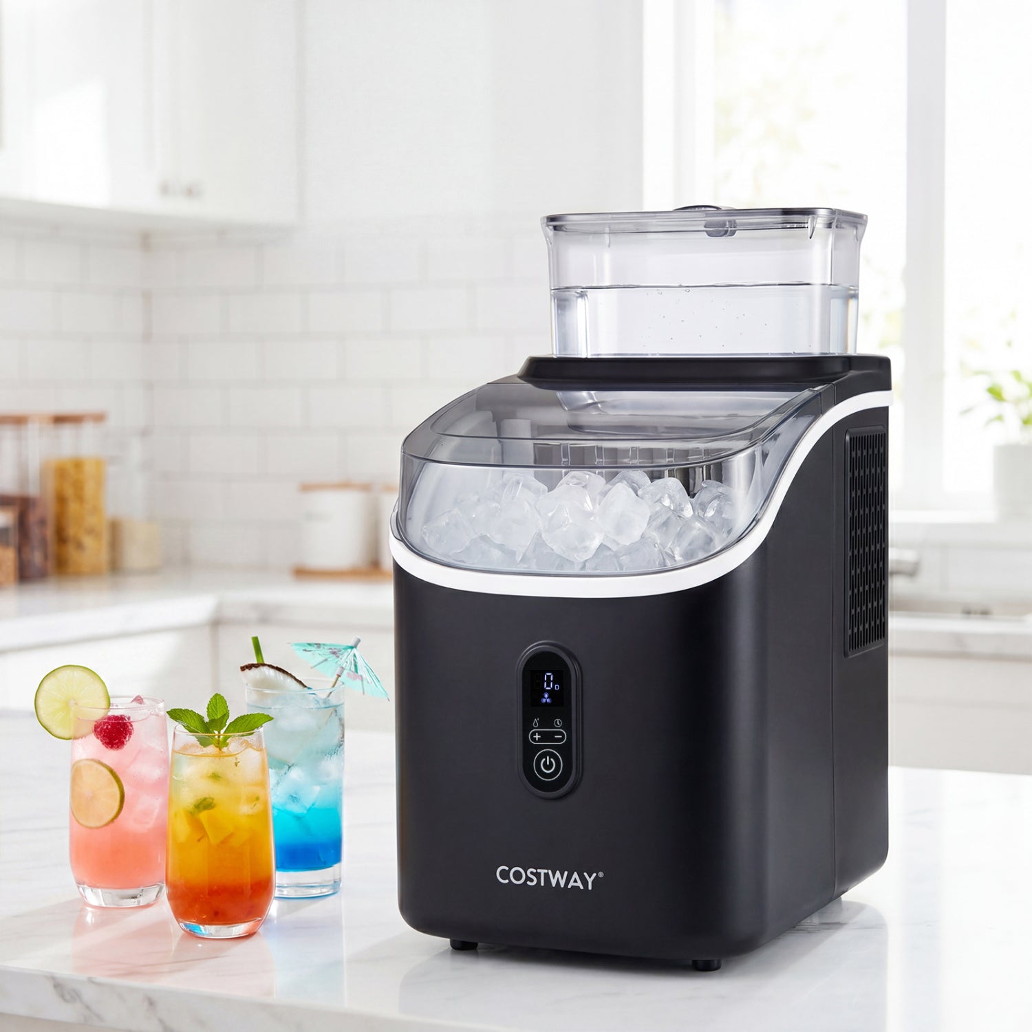 Black countertop ice maker with external tank and self-cleaning function, featuring 13 thickness levels for customizable ice.
