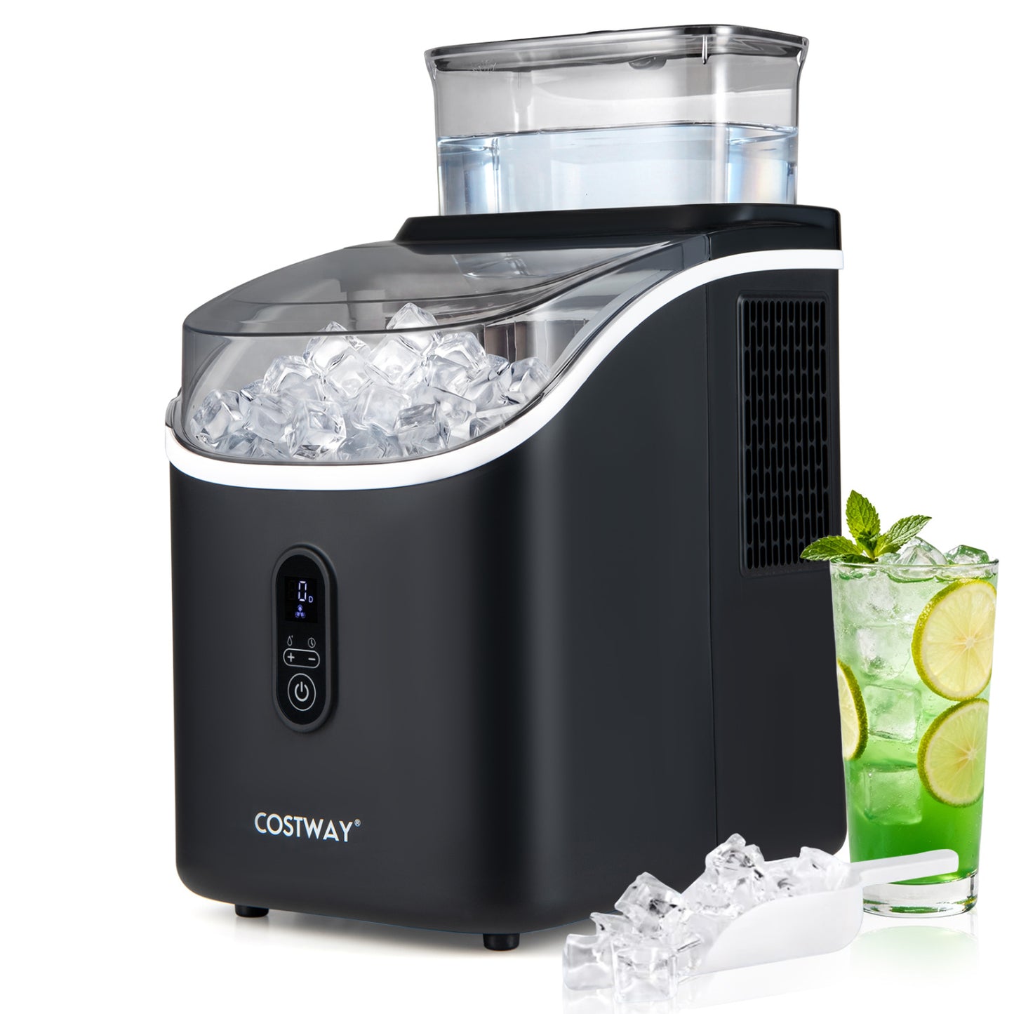 Black countertop ice maker with external tank, self-cleaning feature, and 13 thickness levels, by Wilsons Home Store.