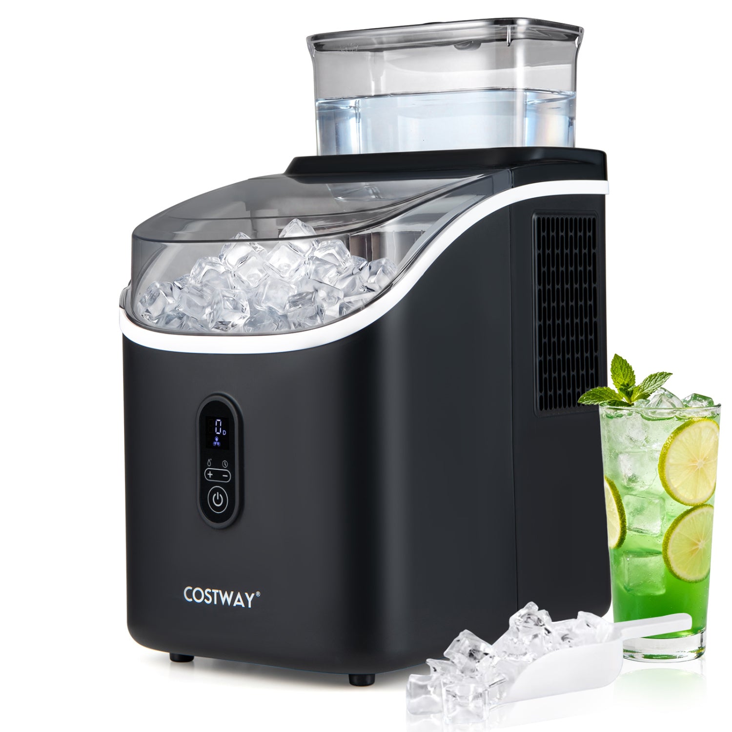 Black countertop ice maker with external tank, self-cleaning feature, and 13 thickness levels, by Wilsons Home Store.
