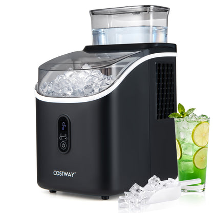 Black countertop ice maker with external tank, self-cleaning feature, and 13 thickness levels, by Wilsons Home Store.