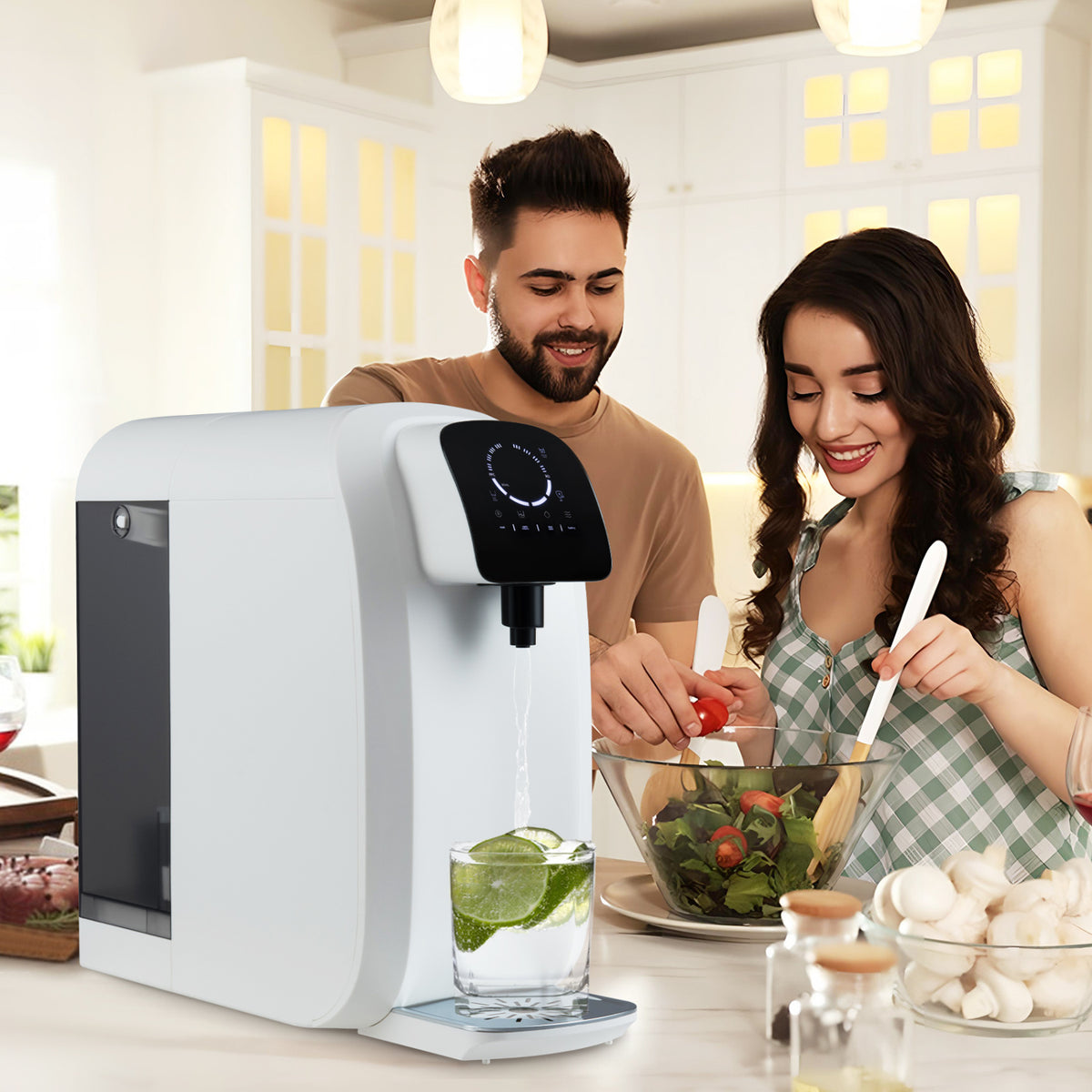 Countertop reverse osmosis water filtration system with replacement filters, compact kitchen appliance, white and silver design
