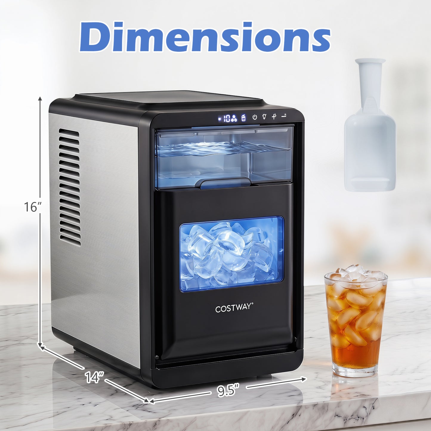 Black Crescent ice maker countertop appliance from Wilsons Home Store with 16 crescent-shaped ice cubes and 26 lbs daily capacity.