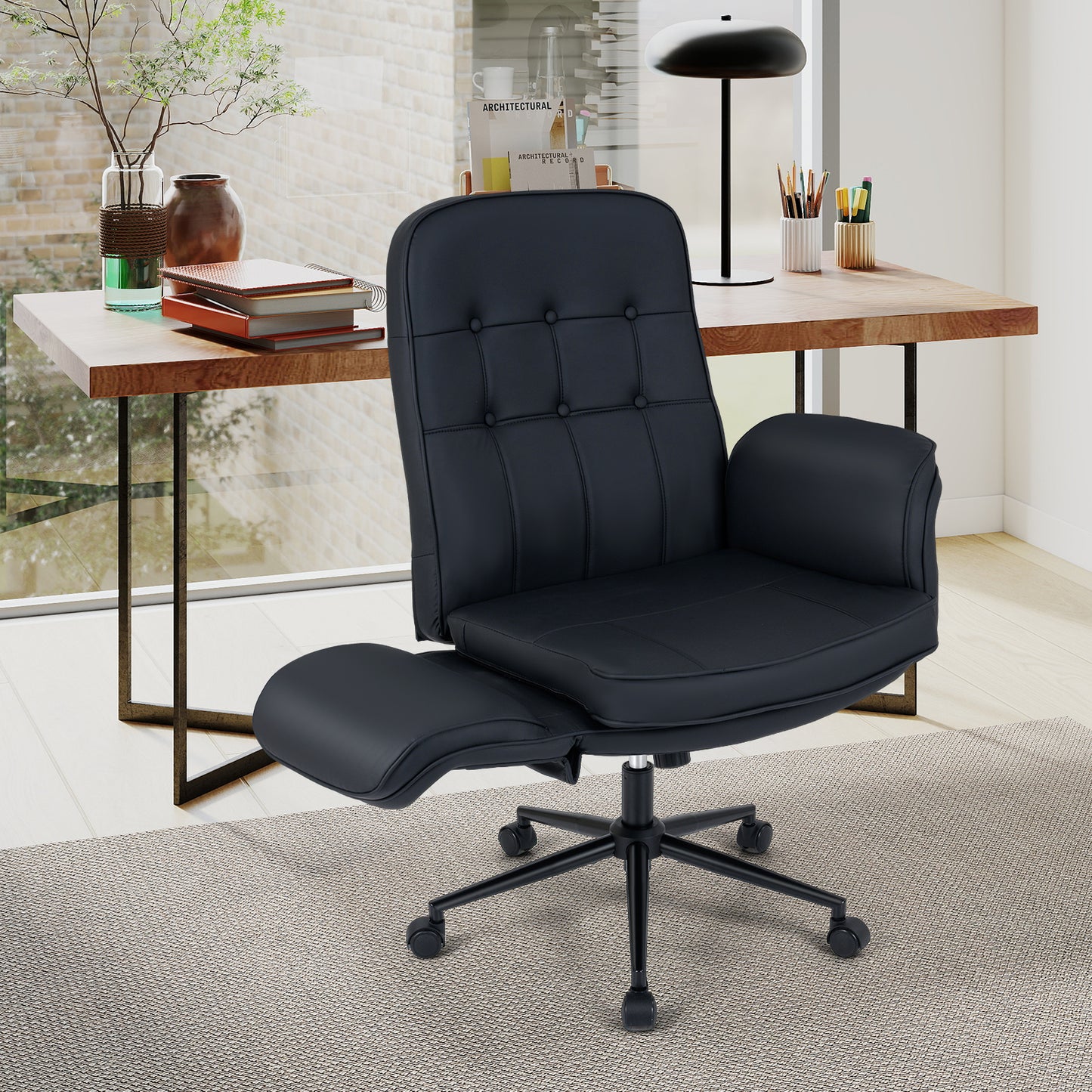Criss Cross Chair Adjustable Swivel Vanity Chair with 5-Position Armrests-Black