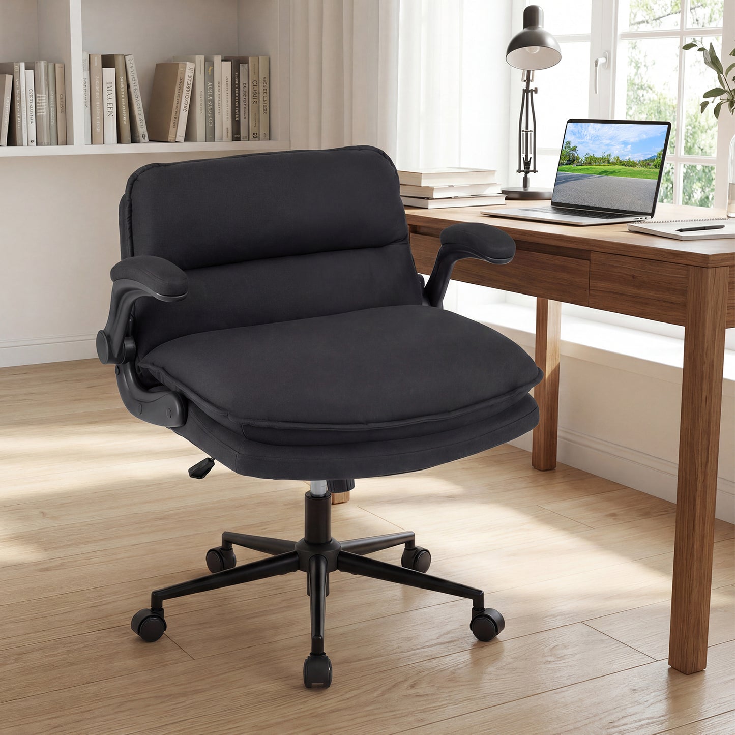 Criss Cross Chair on Wheels with Flip-up Arms Adjustable Height-Beige