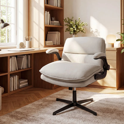 Beige criss cross ergonomic office desk chair with flip-up arms, adjustable height, wide backrest, and padded seat for comfort.