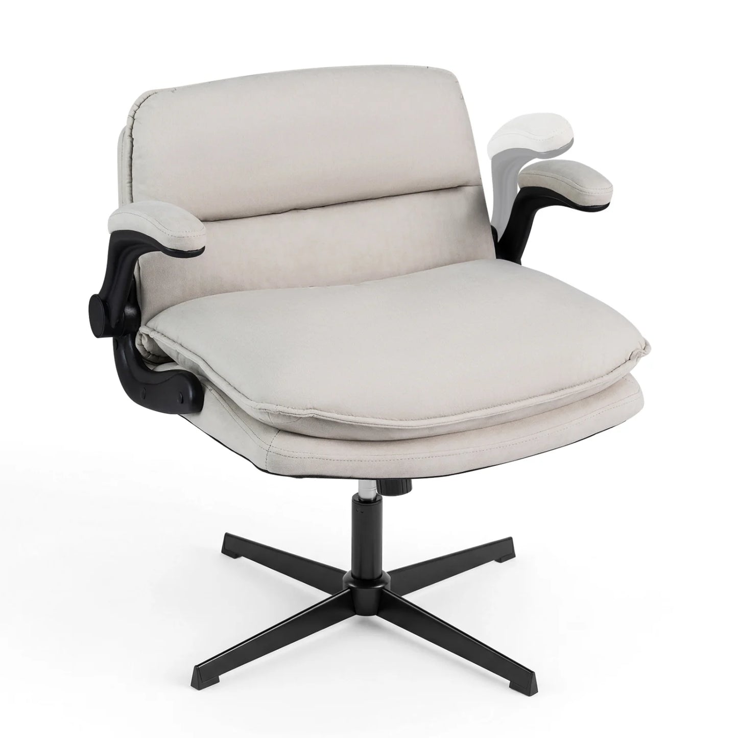 Beige criss-cross ergonomic office desk chair with flip-up arms, adjustable height, wide backrest, and padded seat for comfort.