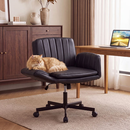 Beige Criss Cross office chair with 5-level adjustable arms and wheels, perfect for home office use.