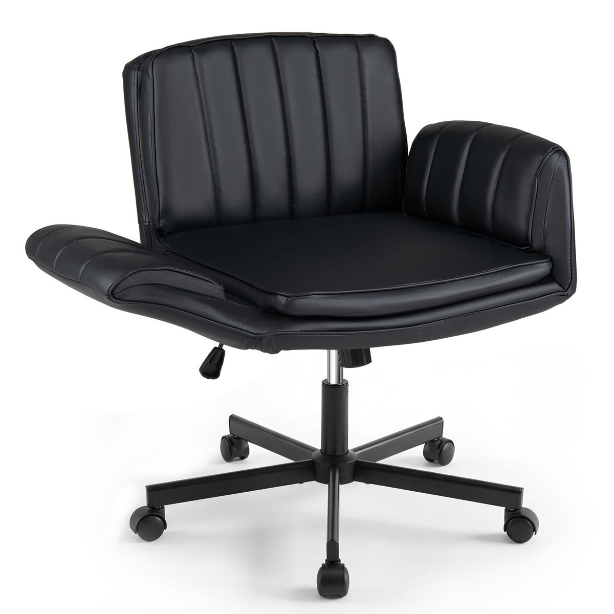 Beige criss-cross office chair with 5-level adjustable arms and wheels, designed for ergonomic home office seating.