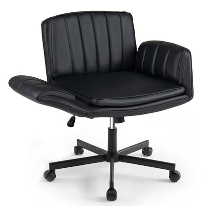 Beige criss-cross office chair with 5-level adjustable arms and wheels, designed for ergonomic home office seating.