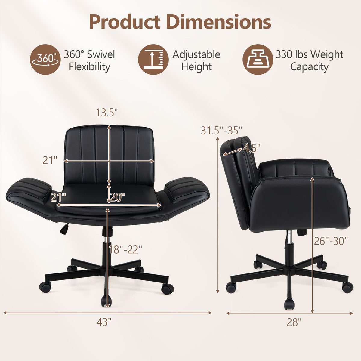 Beige Criss Cross Office Chair with 5-level adjustable arms and wheels, featuring a modern ergonomic design for home office use.
